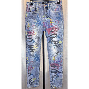 Joseph Ribkoff Women’s 4 Graffiti Jeans Blue Light Wash Slim Straight Rhinestone